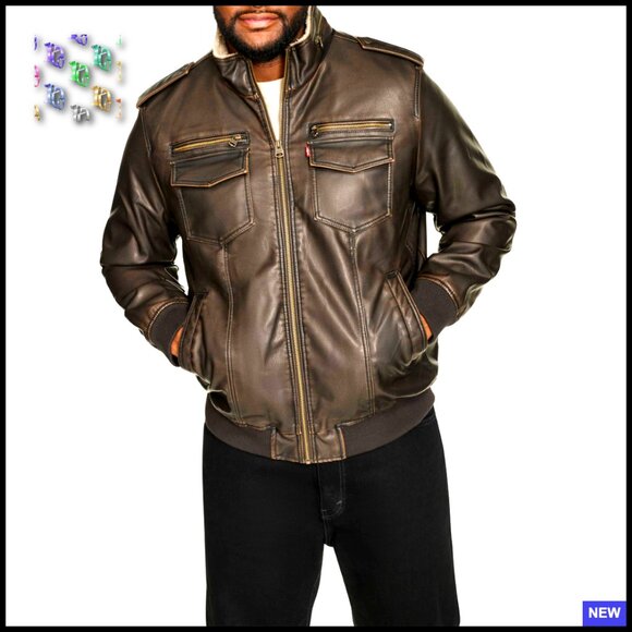 Vintage Faux Leather Aviator Bomber Jacket Sherpa Lined Retro Classic